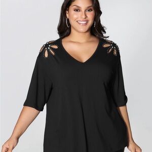 BloomChic Black Top with Cutout and Pearl Detail